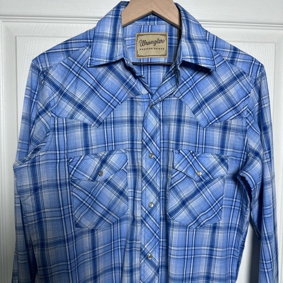 Wrangler Western Shirt Men’s Small Blue Plaid Pearl Snap Long Slv Cowboy Rodeo - Picture 3 of 13